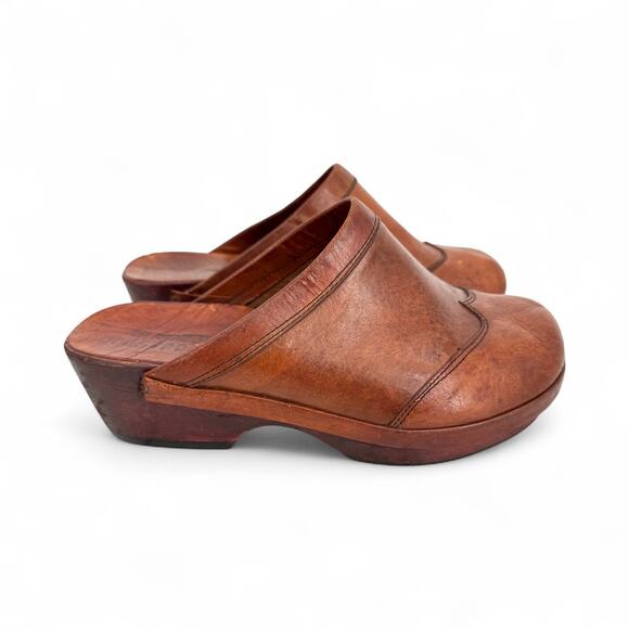 VTG 70's Nordstrom clogs 9.5 platform leather and wood slip on shoes boho hippie - Picture 1 of 14